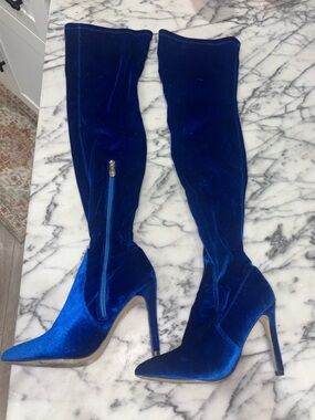 Cape Robbin Electric Blue Velvet Thigh High Boots Kardashian Vibes